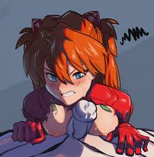 aseiusx, mass production eva, souryuu asuka langley, neon genesis  evangelion, the end of evangelion, absurdres, highres, 1boy, 1girl, blue  eyes, blush, bodysuit, breasts, erection, hair between eyes, handsfree  paizuri, hetero, mecha pilot