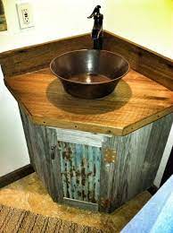 A recycled singer sewing machine stand vanity table. 20 Beautiful Corner Vanity Designs For Your Bathroom Housely Barn Wood Bathroom Wood Bathroom Vanity Rustic Bathrooms