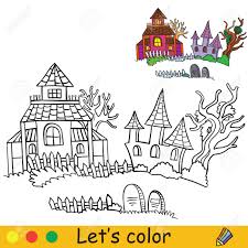 Learn about famous firsts in october with these free october printables. Three Haunted Houses With Dead Trees And Tombstones Coloring Book Halloween Cartoon Vector Illustration Isolated On White Background Coloring Book Page With An Example For Coloring Royalty Free Cliparts Vectors And Stock