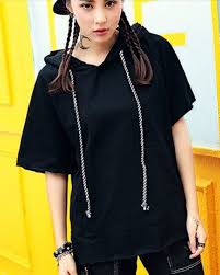 Hip Hop Black T Shirt With Hood For Girls Plain Hooded T Shirts Short Sleeve Black Tshirt Womens Shirts Girls Drawstring