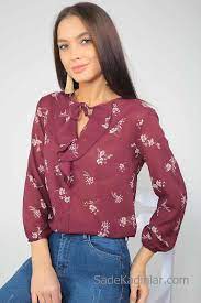 2019 Sifon Bluz Modelleri Bordo Uzun Kollu Bagcikli Yaka Desenli Sifon Bluzlar Bluz Uzun Kollu
