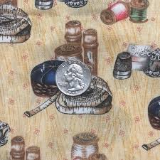 A Stitch in Time Cotton Fabric Revelations Sewing Notions, Tape Measure,  Pin Cushion, Thimble, Spools of Thread QSQ Marcus Brothers 43 X 36