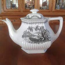 Wm Adams Sons Minuet Black Empress Teapot And Lid Romantic Water Center Scene Lady In Boat Black And White Transferware Transferware Tea Pots Black And White