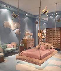 Sherwin williams' atmospheric is a light, airy blue that will open up a small bedroom and lend a restful, calming feel to larger spaces. Kids Bedroom Room Design Pastel Bed Birds Pink Light Blue Floating Girl Bedroom Designs Dream Rooms Modern Bedroom