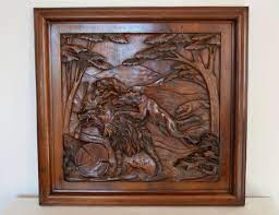 French Antique Hand Carved Wood Wall Panel Hunting Scene Hound Dogs Wild Boar Wood Wall Art French Cabin Decoration Carved Wood Wall Panels Carved Wood Wall Art Wood Panel Walls