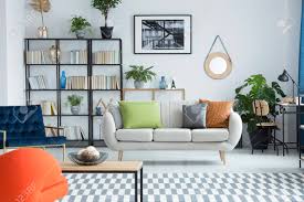 And while this may feel strange at first, but it can be the best thing that's ever happened to your space. Bright Living Room Interior With Books And A Sofa Standing In The Middle Stock Photo Picture And Royalty Free Image Image 97864659