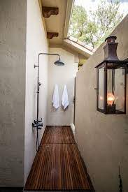 Progress lighting 6 open shower trim with metal flange for par30 lamps. Outdoor Shower Nook With Teak Floors Transitional Home Exterior