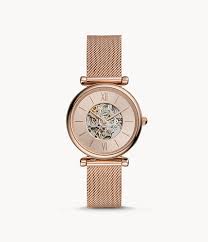 En vente en ligne sur bijoux de mode au meilleur prix. Montre Carlie Automatique En Maille Milanaise Inoxydable Dore Rose Me3175 Fossil