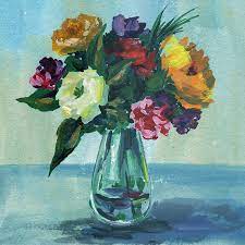 Vase of flowers painting impressionism. Impressionistic Flowers In The Teal Blue Glass Vase Painting By Irina Sztukowski