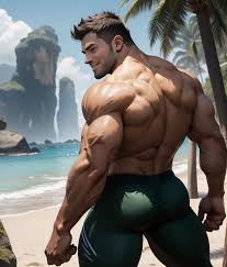 Anime guy with big ass on the beach, muscular!!, muscular!, most strongest  pose - SeaArt AI