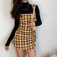 Yellow Plaid Cross Strap Strap Dress From Fe Clothing Plaid Dress Outfit Plaid Outfits Fashion