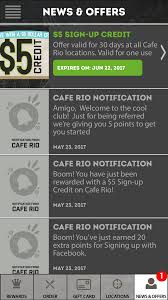 These specials add up and you get those free $10 credits fairly quickly for the free meals, and that gamification totally got us. Cafe Rio Free 5 Credit With My Rio Rewards App Download Vonbeau