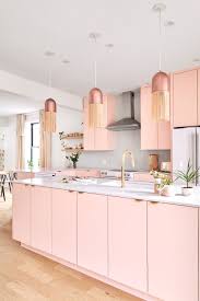Elegant Pink Kitchen Cabinets With White Counters In 2020 Pink Kitchen Cabinets Pink Kitchen Decor Pink Kitchen