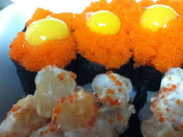Masago With Quail Egg On Top And Chop Scallop Nigiri Creative Dish Sashimi Quail Eggs
