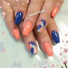 Give your nails a little bit of colourful spunk just by sitting at home with our easy to make nail art you can also try shades of turquoise and peach for colourful backgrounds. Blue Peach Peach Acrylic Nails Striped Nails Orange Nails