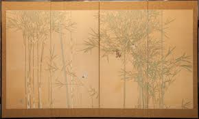 A rectangular shape four panel painted silk screen with wood frame and. Japanese Four Panel Screen Bamboo Finches And Sparrows Naga Antiques