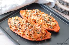 Patate Douce Farcie Au Poulet Et Bleu D Auvergne Mes Recettes Healthy Recette Patates Douces Farcies Recette Patate Douce Recette