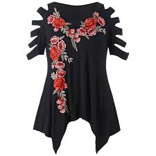 Gamiss Women Big Size Tops Rose Embroidery Floral T Shirt V Neck Casual T Shirt Plus Size Ladder Cut Oversize Tees Female Shirts
