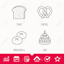 Cake Pretzel And Bread Rolls Icons Toast Linear Sign Edit