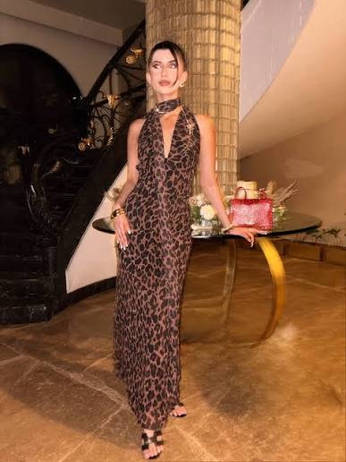 Leopard Print Cowl Neck Maxi Dress With Scarf - XS / Brown