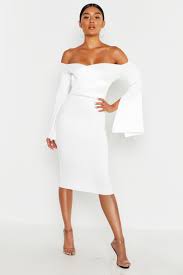 Bardot Split Sleeve Rib Bodycon Midi Dress Boohoo Uk Ribbed Bodycon Midi Dress Midi Dress Bodycon Bodycon Fashion