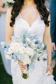 Pale Blue Delphinium Thistle And Dusty Miller Bouquet Blue Wedding Bouquet Blue Wedding Flower Arrangements Pale Blue Wedding