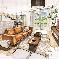 Lovely Use Of Warm Colours For This Living Room Illustration By Japanese Artist T Interior Design Renderings Interior Design Sketches Interior Design Drawings