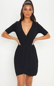 Black Wrap V Neck Short Sleeve Rib Dress Black Dress With Sleeves Ribbed Dresses Wrap Dress Short