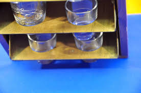 Bottle caddy, shot glass holder, 4 vintage shot glasses, handmade, wooden, caddy. Mobile Shot Glass Shelf For Ship Cedar Wood Brass At Kusera