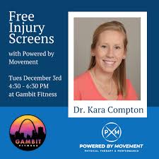 ONE WEEK until our FREE injury screenings with Dr. Kara Compton from  @poweredxmovement ! If you're tired of pain or injury holding you back,  then be sure to sign up for a