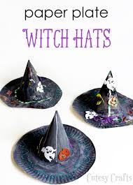 Wrap the scrapbook paper into a cone shaped hat and stick the tab in the slot. Halloween Craft For Kids Paper Plate Witch Hat Cutesy Crafts