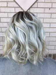 Icy Blonde With Natural Shadow Root On Shoulder Length Wavy Lob Hair Done By Lindsey Gonzales Shoulder Hair Icy Blonde Shadow Root Blonde