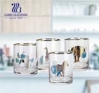 China Factory Wholesale glassware 13oz with Gold Rim Design Vivid Pattern  Printing Water Juice Drinking Glass Cups Glass Tumbler