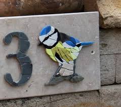 Numero Maison Plaque Maison Mosaique Mesange Oiseau Bleu Jaune Artisanal Personnalise Boite A Lettre Oiseaux En Mosaique Art De Mosaique Murale Mosaique