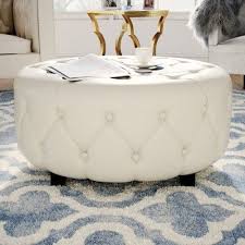 House Of Hampton Bowie Leather Tufted Round Ottoman Upholstery White Round Tufted Ottoman Ottoman White Leather Ottoman