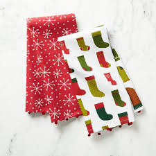 Shop Stockings And Snowflakes Dish Towels Set Of 2 Trimmed With Fun Red Pom Poms Our Holiday Themed Dish Towels Crate And Barrel Holiday Towel Red Pom Poms