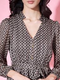 Buy Justin Whyte Geometric Printed Mandarin Collar Georgette Fit & Flare  Midi Dress