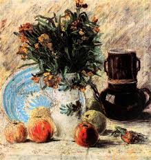 Vincent van gogh, allotment with sunflower, 1887 (photo: Vase With Flowers Coffeepot And Fruit 1887 Vincent Van Gogh Wikiart Org