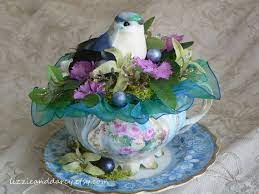Turquoise Fuchsia Flower Repurposed Vintage China Teacup Bird Nest Arrangement On Etsy 29 00 Teacup Crafts Tea Cups Tea Cup Art