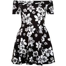 New Look Teens Black Floral Print Bardot Neck Skater Dress 21 Liked On Polyvo Fit And Flare Cocktail Dress Short Sleeve Floral Dress Floral Cocktail Dress