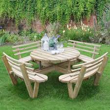 Hartwood Circular Picnic Table With Seat Backs Rustic Garden Furniture Wooden Garden Furniture Wooden Picnic Tables