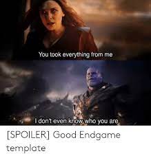 Thanos, scarlet witch, endgame, avengers, i dont even know who you are. You Took Everything From Me I Dont Even Know Who You Are Spoiler Good Endgame Template Good Meme On Me Me