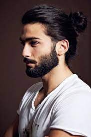 Black Hair And Beard Man Bun Cool Haircuts For Men White Shirt Dark Background Man Bun Hairstyles Mens Hairstyles Long Hair Styles Men