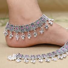 Unique Design Silver Payal with Pink Stones and Ghungroo