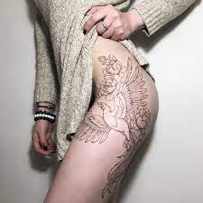Tattoo Linework Dotwork Phoenix Peony Hip Tattoo Thigh Tattoo Phoenix Tattoo