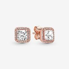 Including clear cubic zirconia, both the inside and outside of each hoop sparkles. Square Sparkle Halo Stud Earrings Rose Gold Plated Pandora Us