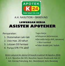 Pengalaman minimal 1 tahun sebagai asisten apoteker , fresh graduates are welcome keahlian : Lowongan Kerja Apoteker Bandung