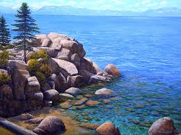 #full moon #painting #tent camping #lake water #camping #camp #campsite #camplife #campout #outdoors #nature #wilderness #discover #adventure #explore #lake painting #camping painting. Rocks And Water Lake Tahoe Painting By Frank Wilson