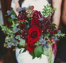 Fall color wedding bouquets with red blue and purple. 2019 Designer Wedding Dresses Bridal Gowns Mon Cheri Bridals Red Bouquet Wedding Blue Wedding Bouquet Fall Wedding Flowers