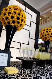Black And White Centerpieces For Parties We Love Black White Yellow Specialty Bar For Parties Sunflower Party Yellow Party Decorations Sunflower Themed Wedding